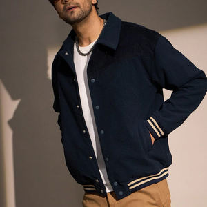 Veste universitaire en velours côtelé bleu marine pour homme avec fermeture boutonnée, col montant, broderie logo sur le devant, tenue décontractée pour l'automne - Product Image 6