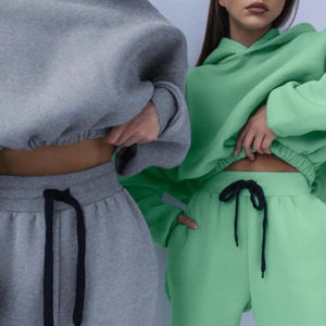 Conjunto Deportivo de Otoño Invierno con Capucha y Cintura Elástica Gruesa, Fabricante de Logotipos Personalizados, Pantalones Deportivos Holgados de Algodón 100% para Mujer, Sudadera con Capucha de 2 Piezas - Product Image 5