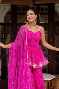 Algodón Casual GULABI GALIYAN PINK BANDHEJ GEORGETTE SHARARA SET GORGETTE DUPATTA Hollow Sharara Set - Product Image 3