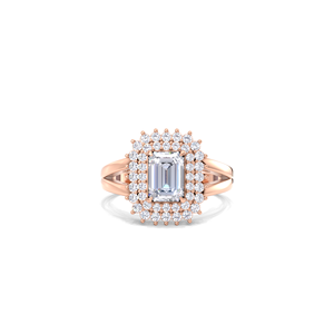 IGI Certified Emerald Cut Lab Grown Diamond Double Halo <b>Split</b> Shank Engagement-Wedding <b>Ring</b> in 9K Yellow / White & Rose Gold - Product Image 1