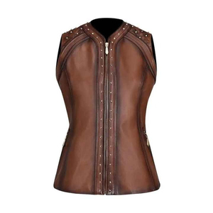 Women's Vintage <b>White</b> Genuine Leather Waterproof Windproof <b>Vest</b> Winter Motorcycle Outer Waistcoat V-Neck Single Button Closure - Product Image 1