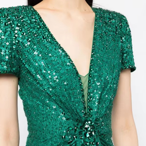 Vestido de fiesta de noche de satén con cuello en V para primavera y otoño para mujer, vestido bordado de media manga, perlas con cuentas de longitud completa, estilo superventas - Product Image 1