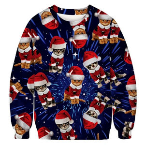 Navidad lindo gato forrado 100% algodón sudadera 3D impreso patrón sólido Hip Hop Streetwear cuello redondo pulóver para invierno - Product Image 3