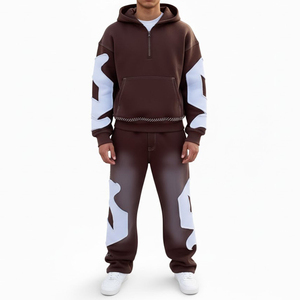 Conjunto de Sudadera con Capucha y Pantalones Deportivos Extra Grandes para Hombre, 100% Algodón, 400 g/m², Estampado Cuadrado, Lavado Ácido Vintage, Patrón 3D, Pedrería, Estilo Urbano - Product Image 1