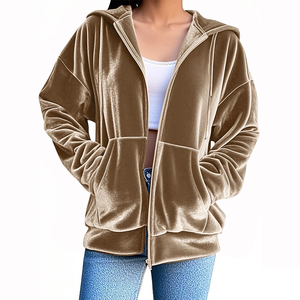 Best Selling Warm Winter Women's <b>Velvet</b> Hoodies Light Brown Color Long Sleeve Zipper Up Outdoor Soft <b>Velvet</b> <b>Hoodie</b> - Product Image 4
