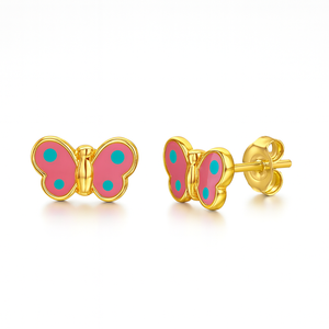 Pendientes de esmalte de mariposa Rosa elegantes juguetones de oro amarillo de 14 quilates, joyería fina, regalo perfecto para niñas - Product Image 1