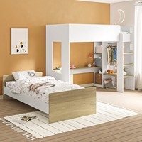 Lit superposé moderne en bois massif en forme de L Dahlia avec rangement, hauteur réglable, blanc, taille King