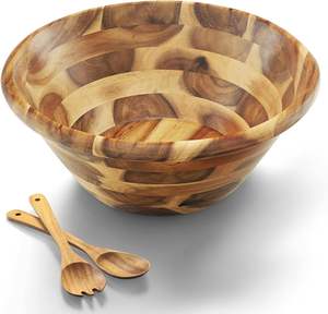 Grand bol de service en bois au design moderne pour la vaisselle Salade Soupe Nouilles Ustensiles de qualité pour les fruits, y compris une cuillère à salade Fourchette - Product Image 1