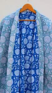 Handmade Indian Quilted Washed Block Print Reversible Kantha Robe Japanese <b>Kimono</b> Style Winter Casual <b>Jacket</b> Multi-Colored Tie - Product Image 2