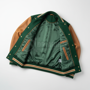 Veste universitaire personnalisée avec logo, pour homme, en cuir vert et marron, lettres brodées 45, style preppy, vêtements d'automne - Product Image 6