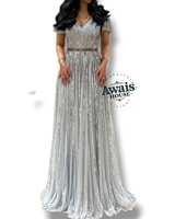 Robe de soirée de luxe pour femme, taille empire, col rond, longueur ras du sol, silhouette trapèze, ornée de perles, de cristaux et de diamants, avec broderie intégrée
