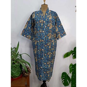 Robe Kimono Bohème Chic Indienne Printemps Luxe Plage Vacances Paisley Persan Bleu Royal Imprimé Main Jaipur Pur Coton Fourniture ODM - Product Image 3