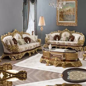 ยุโรปหรูหราไม้แกะสลักผ้าโซฟาสีทองวิลล่ารอยัลคลาสสิกเฟอร์นิเจอร์ห้องนั่งเล่นโซฟา