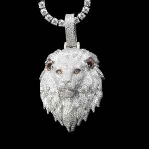 Pendentif Tête de Lion avec Diamants Moissanite Ronds Givrés Style Hip Hop, Plaqué Rhodium, Argent 925, Bijoux pour Hommes, Breloques - Product Image 1