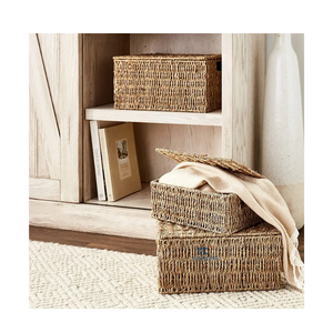 Vietnam Seagrass Wicker Storage Shelf Baskets with Handles, Nesting Wicker Basket Sets Woven Storage Baskets for Shelves