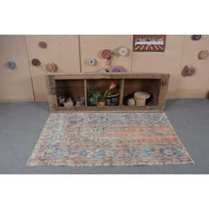 Alfombra turca vintage de 3.4x5.8 pies, alfombra de lana con diseño de plantas y árboles en azul y naranja - Product Image 4