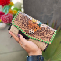 Portefeuille-pochette en cuir véritable de vachette, style western, avec gravures à la main, élégant, multi-usages, portefeuilles en cuir western