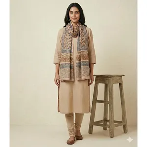 Estola Informal de Algodón Popelín Ancho con Estampado Floral Kalamkari Rústico Hecho a Mano de Andhra Pradesh para Mujer - Product Image 1