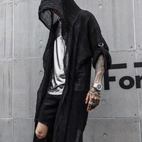 Cardigan long à capuche pour homme, style streetwear, couleur unie, respirant, demi-manches, en polyester tissé