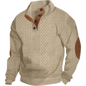 Pull-over décontracté pour homme doublé en beige avec tricot côtelé - Écologique pour l'hiver - Fabriqué en mélange de coton doux - Product Image 1