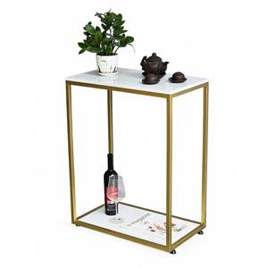 KTB68163 2-Tier Modern Design Decorative Shelf 60x30x75cm Stone Top and Iron Frame - Product Image 1