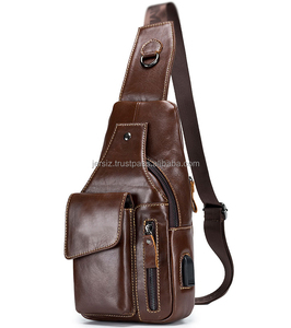 100% véritable cuir de vachette bandoulière poitrine sac Style rétro grande capacité USB fermeture éclair PU sac à dos tactique pour hommes - Product Image 1
