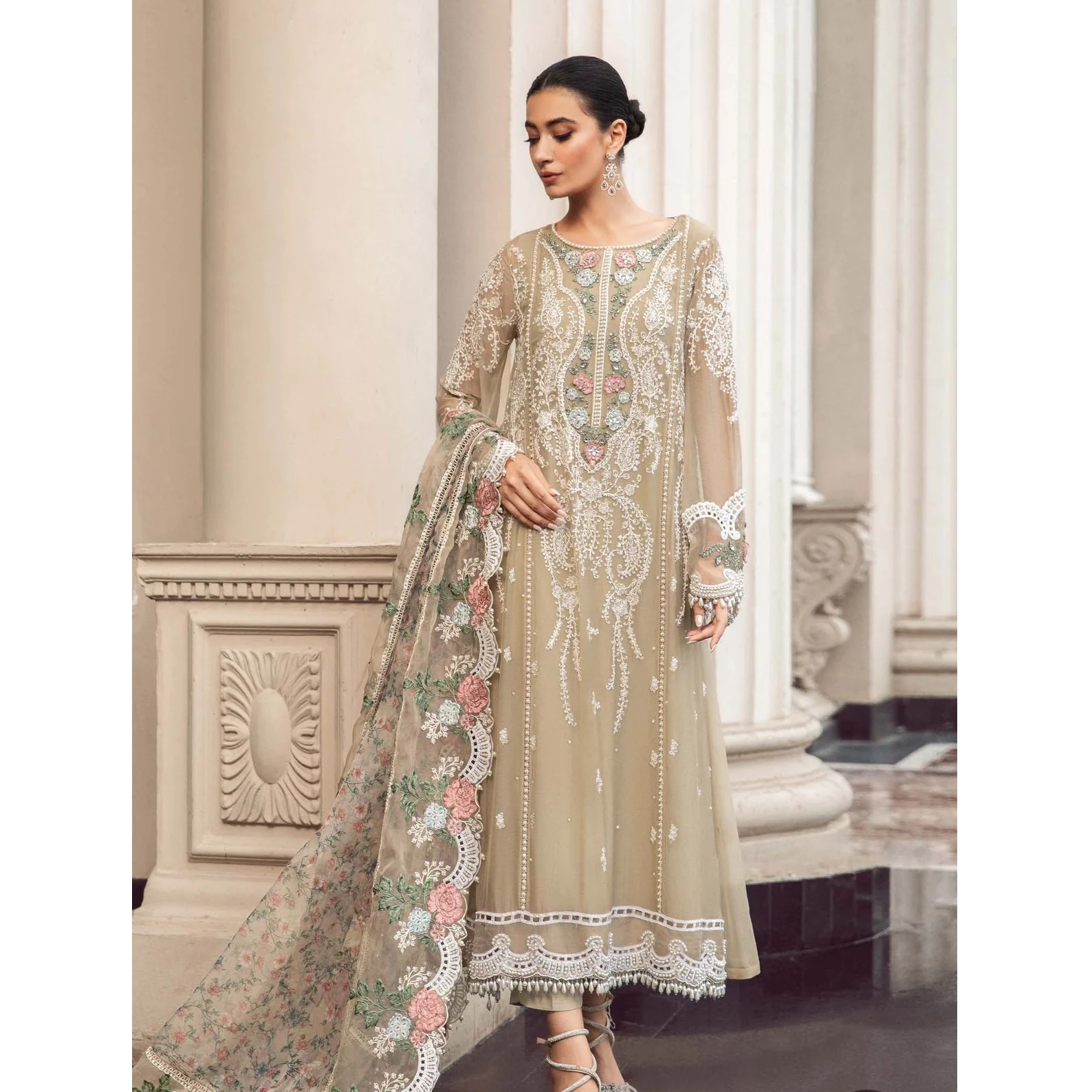 chiffon beach wedding guest dresses Floral A Line Light Pink Long Dress with Side Cape Color:Papaya Perfect for any wedding Destination wedding dresses Wedding Smart Outfits For