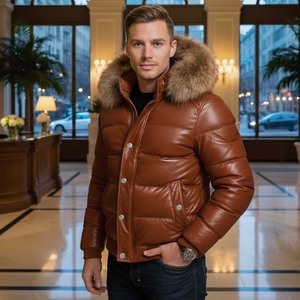 Blouson en cuir matelassé pour homme avec capuche en fourrure de renard brun, respirant, décontracté, pour l'été - Product Image 1