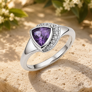 Emrusa Jewellers Women's Amethyst 925 Sterling Silver <b>Ring</b>-Trillion-Cut Stone with Pave <b>CZ</b> Accents Classical Style Wedding - Product Image 4