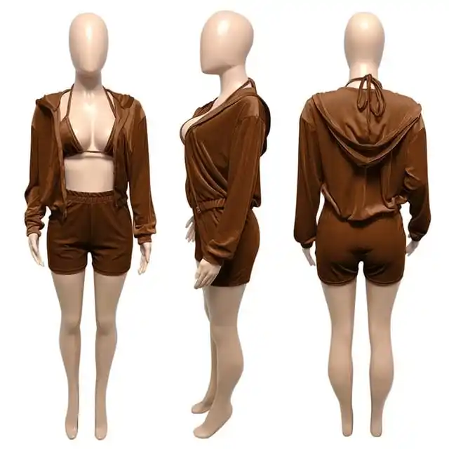 ชุดวอร์มกำมะหยี่3ชิ้นสำหรับผู้หญิง,ชุดวอร์มเสื้อแจ็กเก็ตเสื้อสเวตเตอร์ + บรา + กางเกงขาสั้นสำหรับฤดูหนาวชุดเสื้อผ้า3ชิ้น
