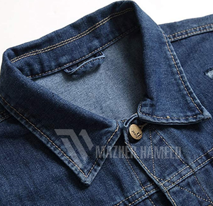 แจ็กเก็ตยีนส์สำหรับผู้ชายเสื้อแจ็กเก็ตผ้าคอตตอนสีฟ้าเข้มปักโลโก้ตามสั่ง - Product Image 3