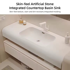 خزانة حمام عصرية بتصميم خشبي ناعم الملمس مع حوض غسيل مدمج ومرآة ذكية بإضاءة LED - Product Image 4