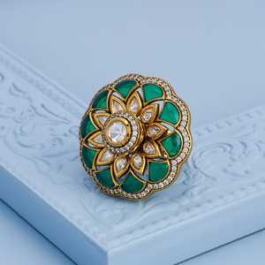 Kundan Fashionable Adjustable Copper Finger <b>Ring</b> 189200 with Princess Cut Diamond Gold Plated Free <b>Size</b> for Party Occasions - Product Image 6
