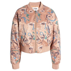 OEM Bomber-Chaqueta de punto con cremallera para mujer, Jersey bordado de algodón 100% personalizado, Color Azul Marino acanalado, de fábrica, para invierno - Product Image 5