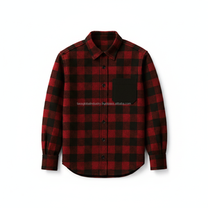 Custom Men's <b>Red</b> <b>Black</b> Plaid Flannel <b>Shirt</b> Heavyweight Cotton Crocheted Weave Turn-down Collar Buffalo <b>Check</b> Button-Up Contrast - Product Image 1