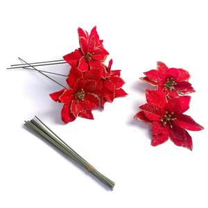 BINLU 12PCs Set Red Glitter Hecho a mano Poisettia Flor artificial de Navidad con palo Adornos de Poinsettia para árbol de Navidad - Product Image 3