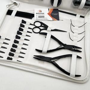 Pince à extensions de cheveux professionnelle pour usage commercial, outils noirs mats, étui blanc, outils en acier inoxydable avec perles et fils - Product Image 2