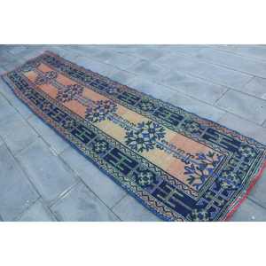Turkish Vintage Rug, 2.8x12.8 ft <b>Runner</b> Rug, Blue <b>Red</b> Persian Rug - Product Image 2