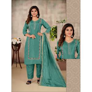 Ensemble Kurti, pantalon et dupatta brodés confortables pour femmes, longueur genou, en pur coton, style indien et pakistanais, vente en gros - Product Image 1