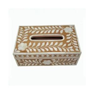 Caja de pañuelos de hueso artesanal, caja decorativa étnica auténtica de madera con incrustaciones tradicionales de hueso de camello o tuerca de tagua - Product Image 6