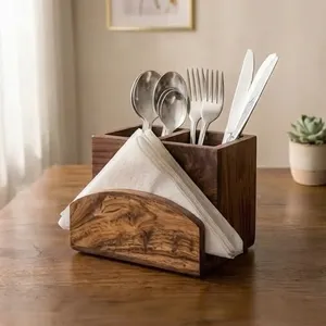 Portautensilios de Madera de Acacia con Porta Servilletas, 2 Compartimentos, Rectangular, Minimalista, Caja de Almacenamiento de Cocina para Vajilla - Product Image 4