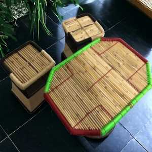 Ensemble de poufs en canne de bambou rond artisanal écologique de qualité supérieure avec table pour restaurant jardin salon - Product Image 3