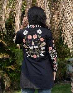 Style bohème 100% coton brodé ethnique Long manteau pour femmes noir à manches longues veste respirant écologique Anti-rides - Product Image 4