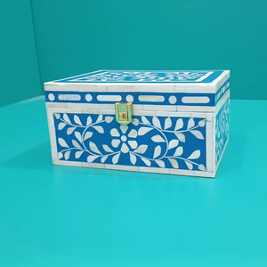 Vente chaude À La Main Bleu Blanc Os Incrustation Boîte À Bijoux En Bois Conception Florale Boîte De Rangement Décorative avec Serrure - Product Image 1
