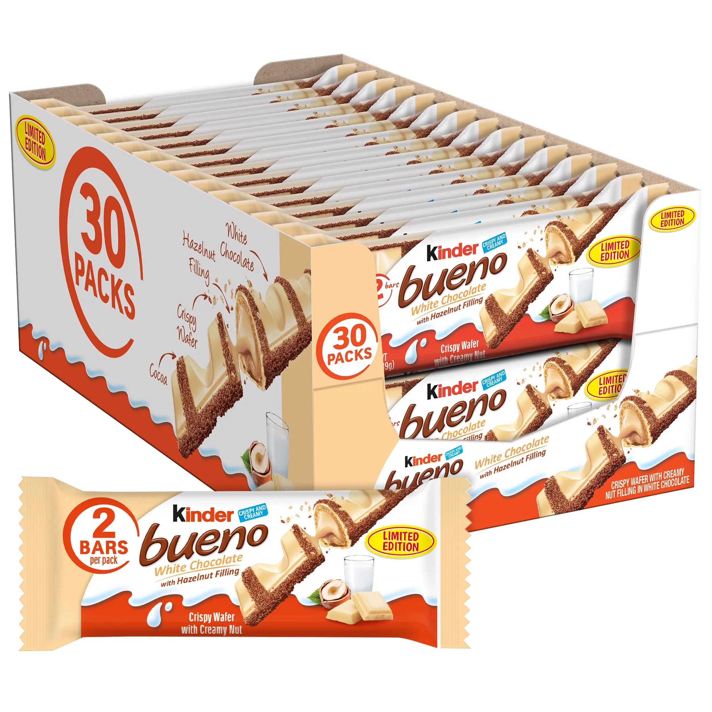 Kinder Bueno White Chocolate and Hazelnut Cream Candy Bar, 1.4 oz each, 30 Pack, Bulk Supplier