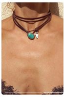 Collier personnalisé en gros avec cordon en cuir ciré et pierres naturelles, pendentif Aquamarine, Pierre de Lune, Turquoise, Coquillage, Bijoux pour femmes