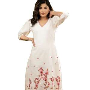 Handmade Summer Short Dress Vintage Style with Cotton Embroidered Floral Design <b>Three</b> Quarter Sleeve Sexy and Elegant - Product Image 1