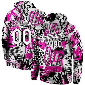 Sudadera con capucha deportiva 3D blanca y negra con patrón de grafiti cosido personalizado al por mayor con éxito - Product Image 1