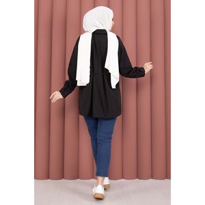 Haut décontracté pour femme Alin, taille ajustable, boutonné, design simple, tissu en satin popeline tricoté, taille XL - Noir pour le printemps et l'automne - Product Image 4