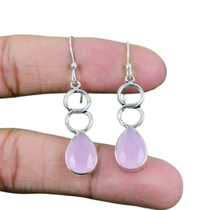 Boucles d'oreilles en quartz rose avec pierres précieuses en argent sterling 925 Style bohème bijoux pour femmes faits à la main cadeau tendance de mariage - Product Image 1